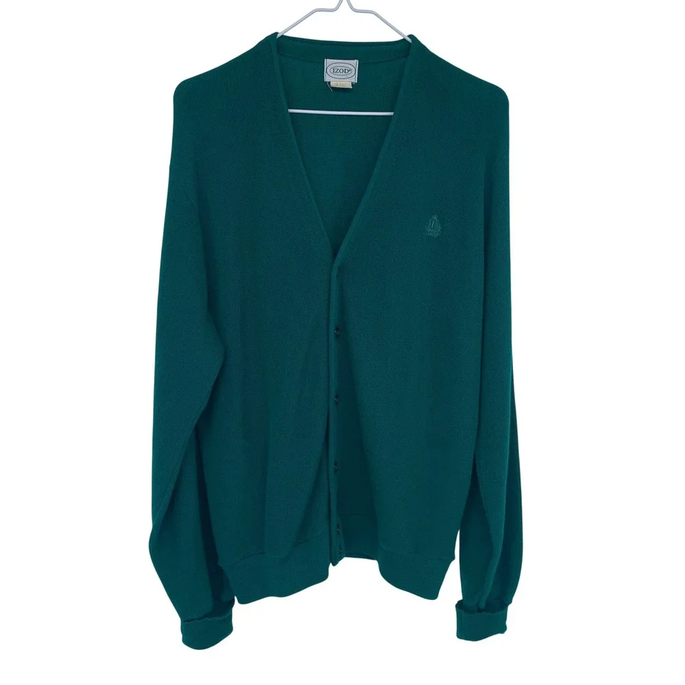 Green Vintage Izod Knit Cardigan Sweater XL Grandpa Preppy Golf Tennis USA Made